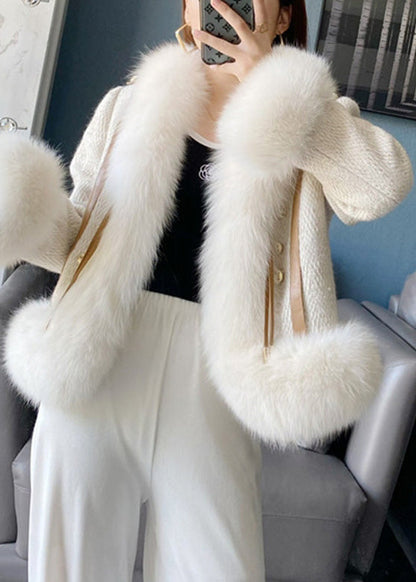 Beige Fox Collar Faux Leather and Fur Coat Winter