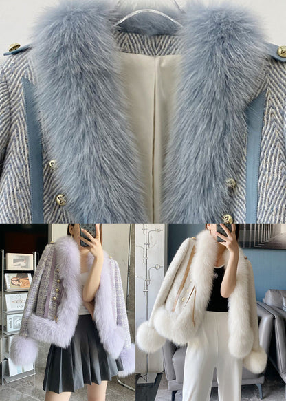 Beige Fox Collar Faux Leather and Fur Coat Winter