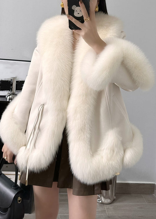 Beige Fox Collar Pockets Parkas Winter