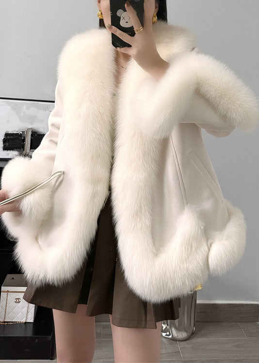 Beige Fox Collar Pockets Parkas Winter
