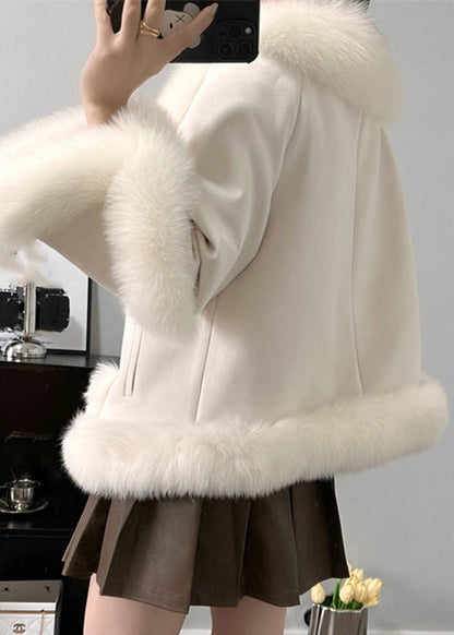 Beige Fox Collar Pockets Parkas Winter
