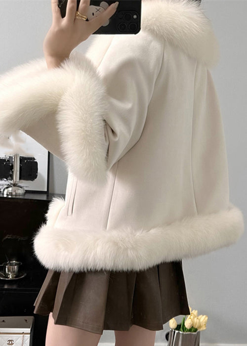 Beige Fox Collar Pockets Parkas Winter
