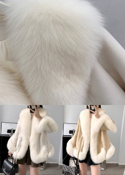 Beige Fox Collar Pockets Parkas Winter