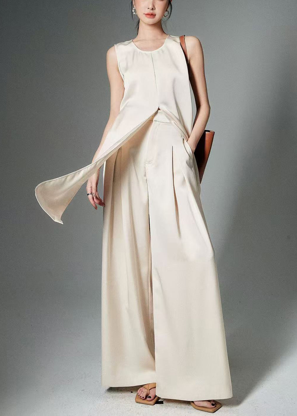 Beige Front Open Tops and Pants Silk Two Pieces Set Sleeveless
