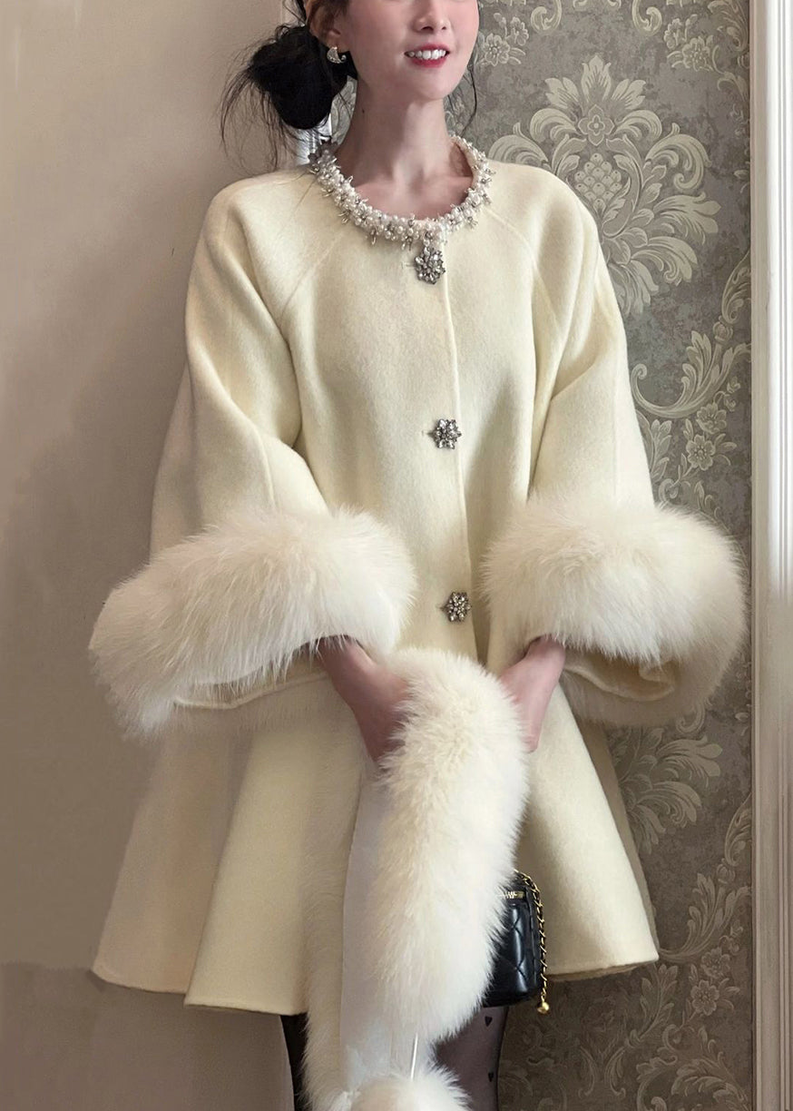 Beige Fur Collar Nail Bead Patchwork Woolen Trench Winter