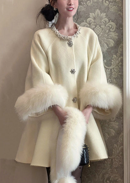 Beige Fur Collar Nail Bead Patchwork Woolen Trench Winter