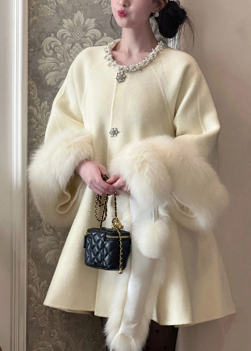 Beige Fur Collar Nail Bead Patchwork Woolen Trench Winter