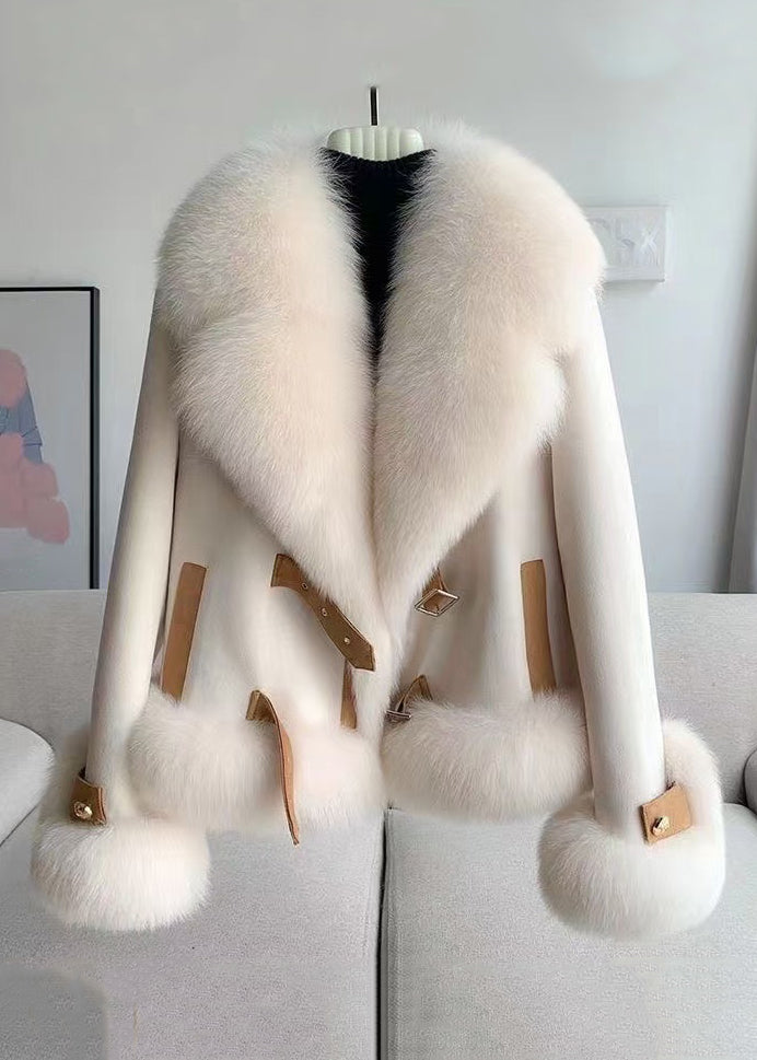 Beige Fur Collar Patchwork Woolen Coat Winter