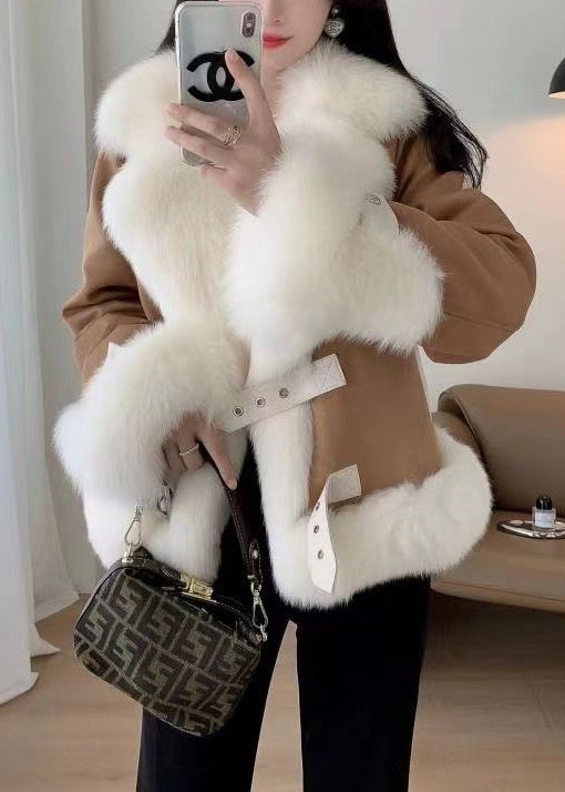 Beige Fur Collar Patchwork Woolen Coat Winter
