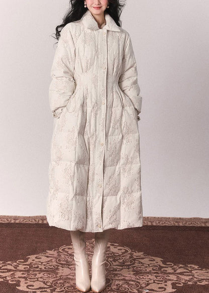 Beige Fur Collar Print Button Tunic Maxi Down Jackets Winter
