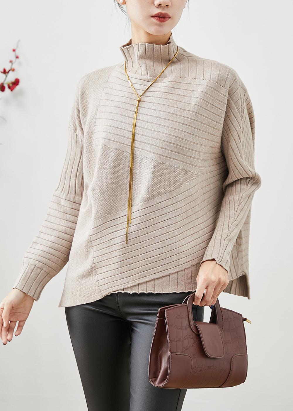 Beige High Neck Asymmetrical Knit Sweater Fall