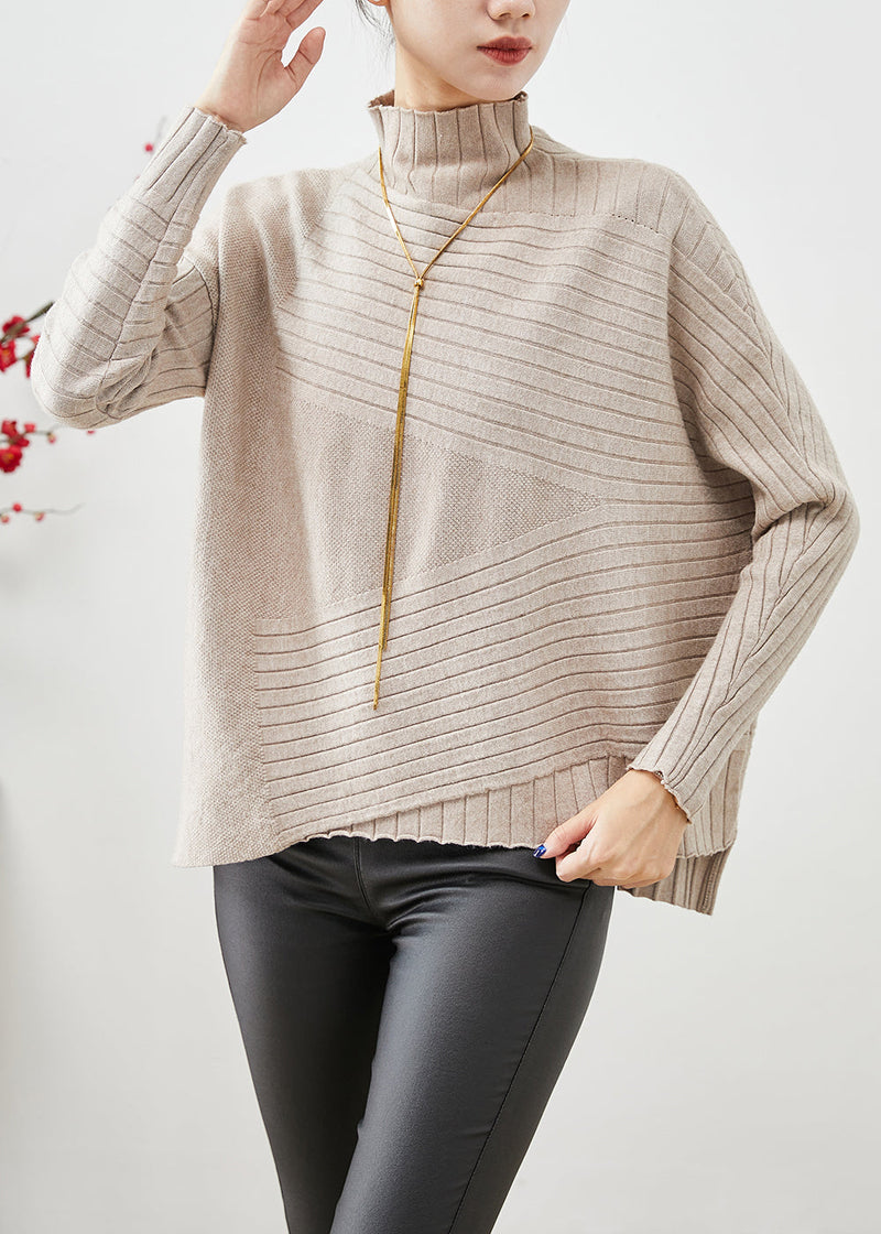 Beige High Neck Asymmetrical Knit Sweater Fall