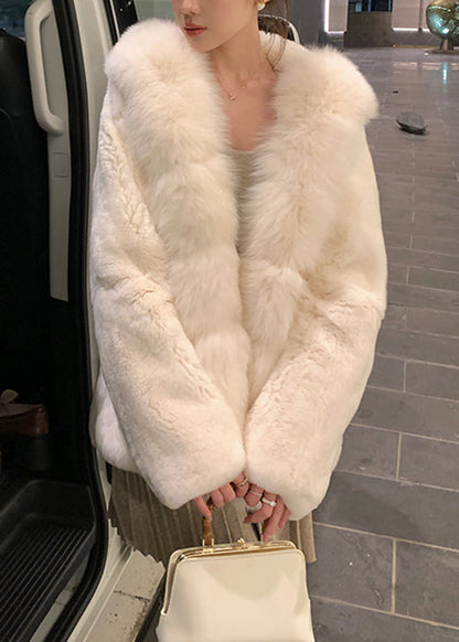 Beige Hooded Fur Collar Mink Hai Coat Spring