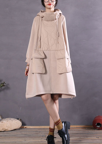 Beige Hooded Patchwork Fine Cotton Filled Dress Winter