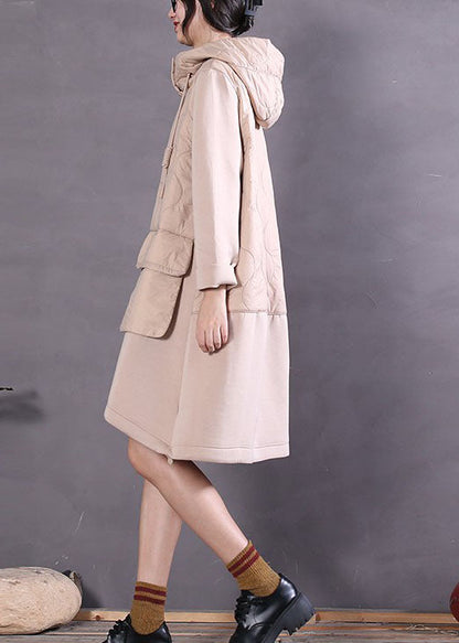 Beige Hooded Patchwork Fine Cotton Filled Dress Winter