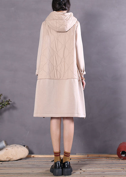 Beige Hooded Patchwork Fine Cotton Filled Dress Winter