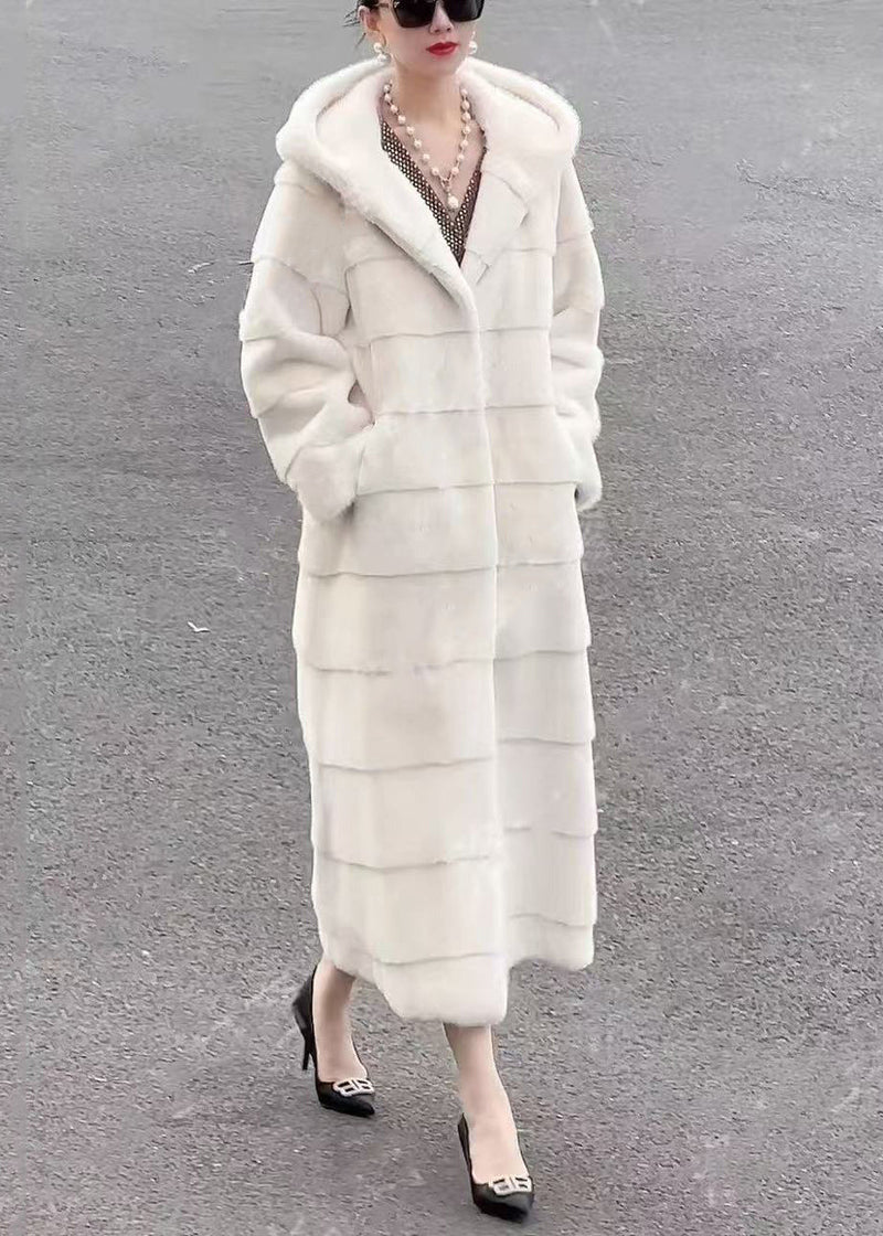 Beige Hooded Pockets Leather and Fur Long Coats Winter