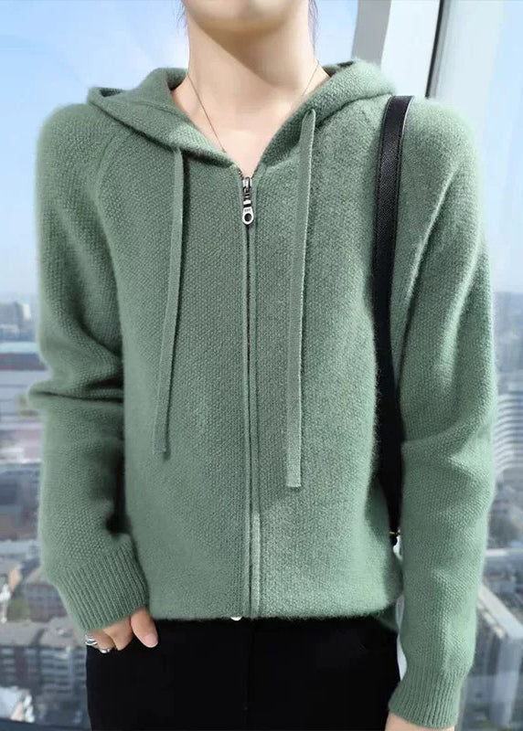 Beige Hooded Zippered Cotton Knit Coat Fall