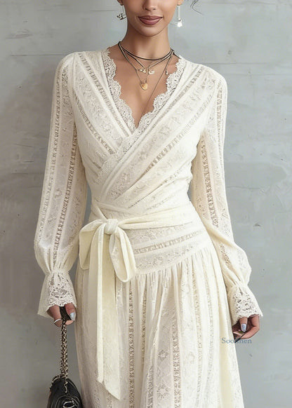 Beige Lace Tie Waist Warm Fleece Long Dress Spring