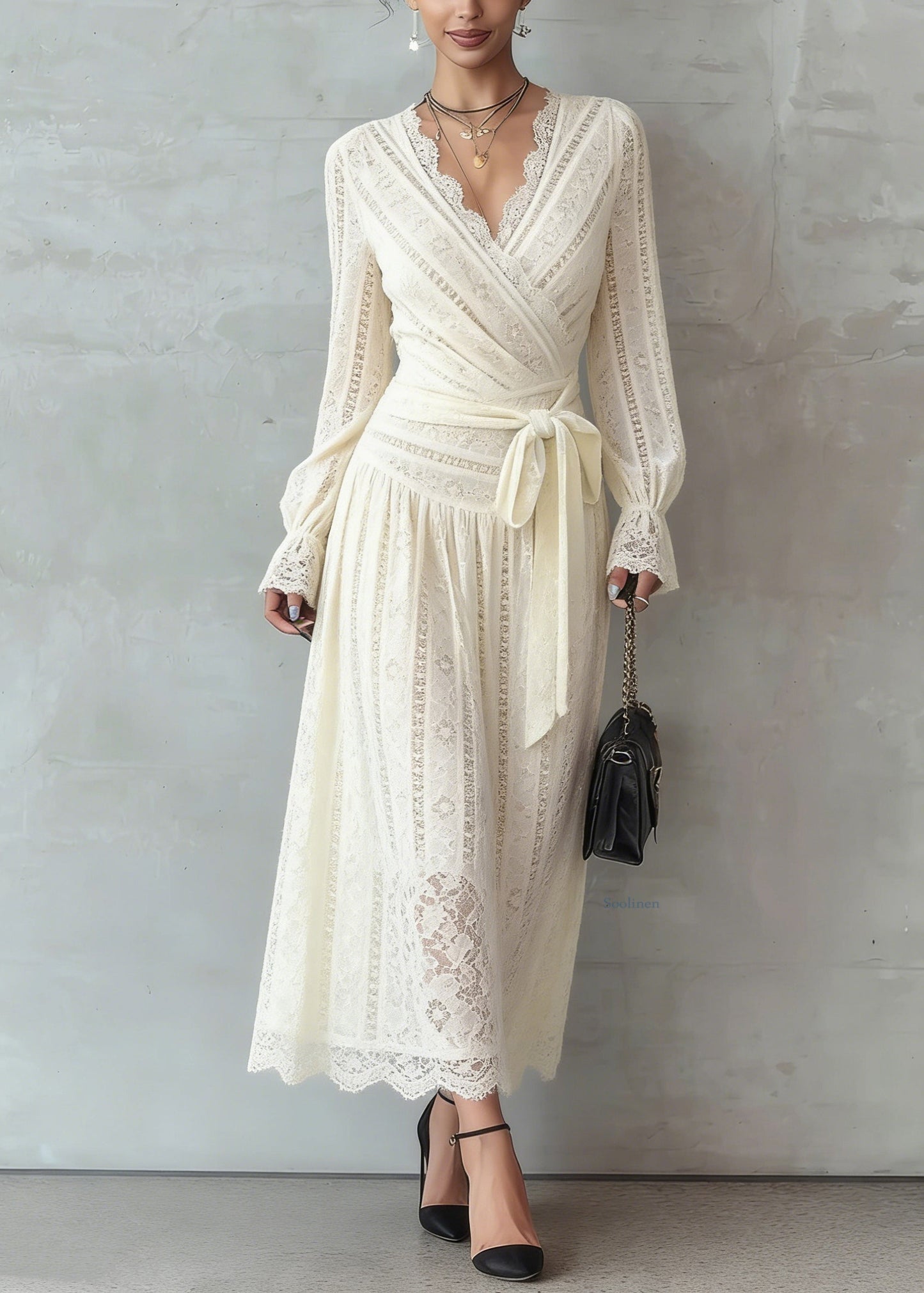 Beige Lace Tie Waist Warm Fleece Long Dress Spring