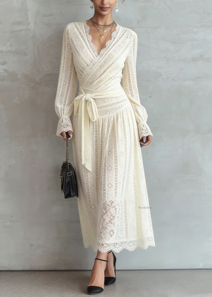 Beige Lace Tie Waist Warm Fleece Long Dress Spring