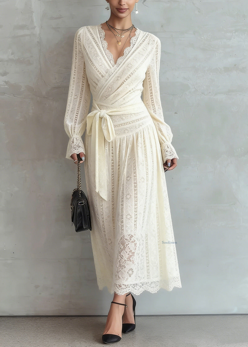 Beige Lace Tie Waist Warm Fleece Long Dress Spring