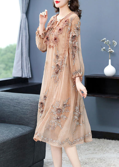 Beige Lace Up Jacquard Silk Holiday Dress Long Sleeve