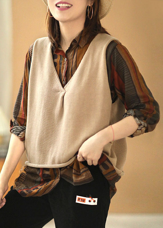 Beige Loose V Neck Fall Sleeveless Waistcoat