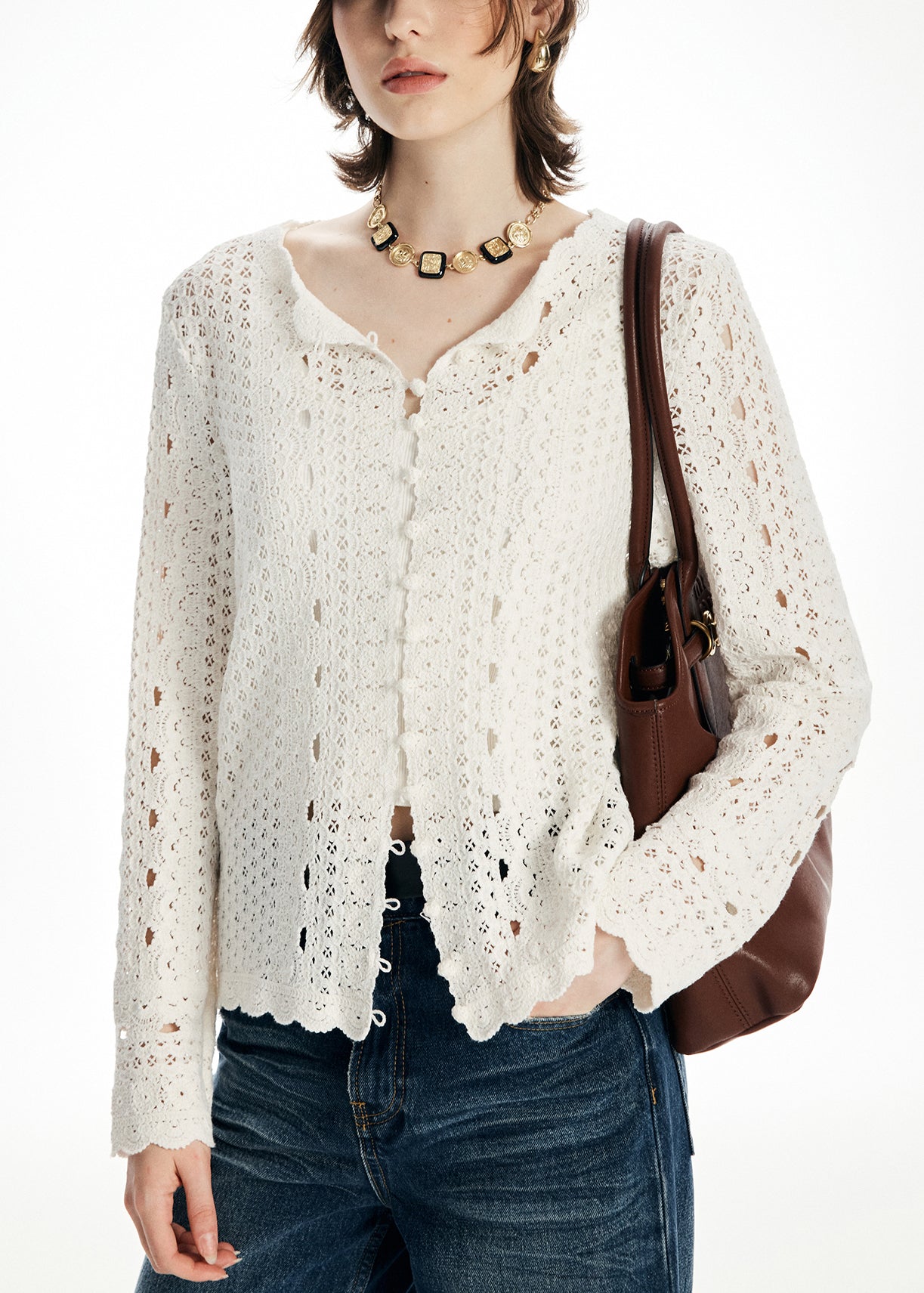 Beige O Neck Hollow Out Knit Cardigan Fall