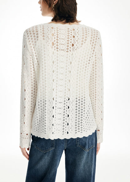 Beige O Neck Hollow Out Knit Cardigan Fall