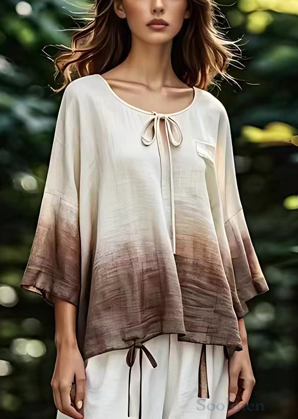 Beige O Neck Lace Up Cotton Tops Bracelet Sleeve