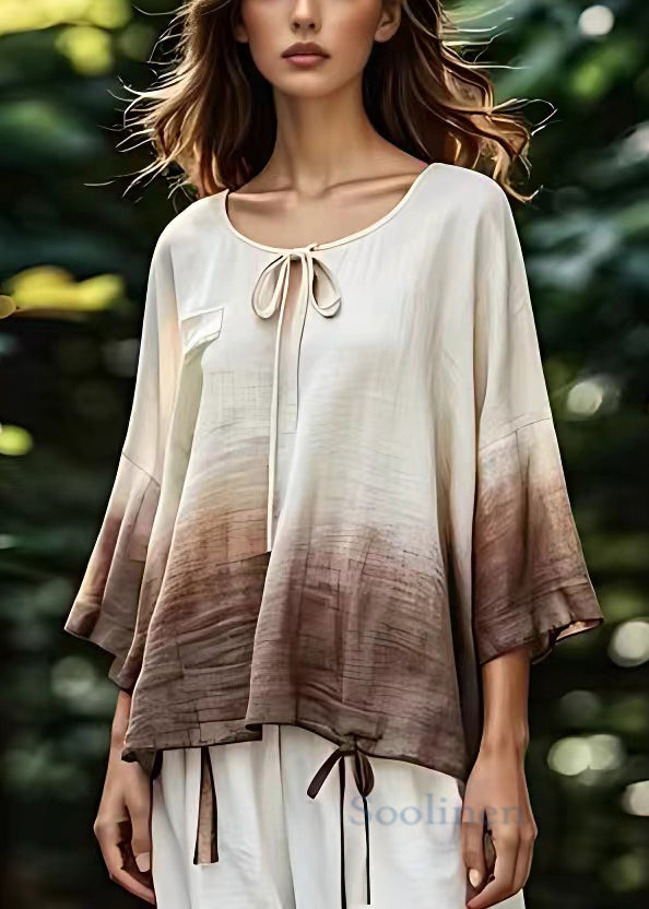 Beige O Neck Lace Up Cotton Tops Bracelet Sleeve