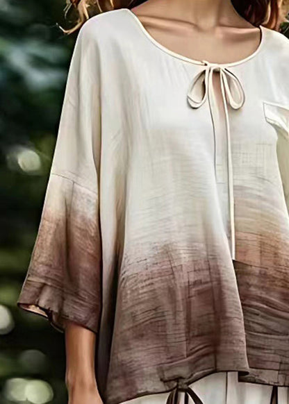 Beige O Neck Lace Up Cotton Tops Bracelet Sleeve