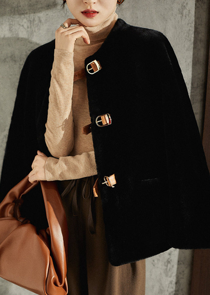 Beige O Neck Pockets Button Patchwork Wool Coats Winter