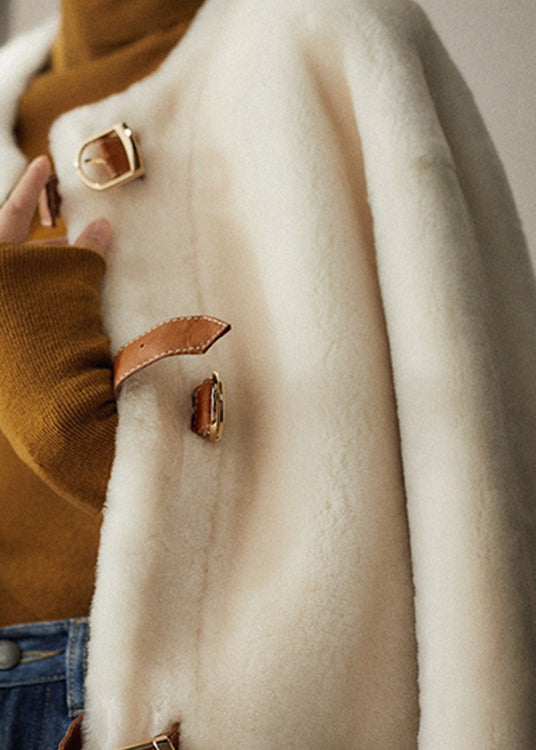 Beige O Neck Pockets Button Patchwork Wool Coats Winter