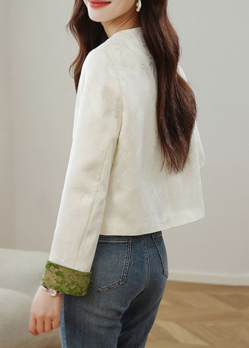 Beige O Neck Print Button Silk Coats Fall