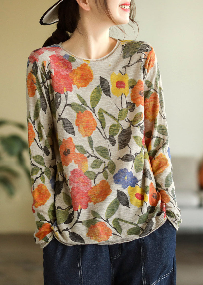 Purple Square O-neck Print Cotton Knitted Top Long Sleeve