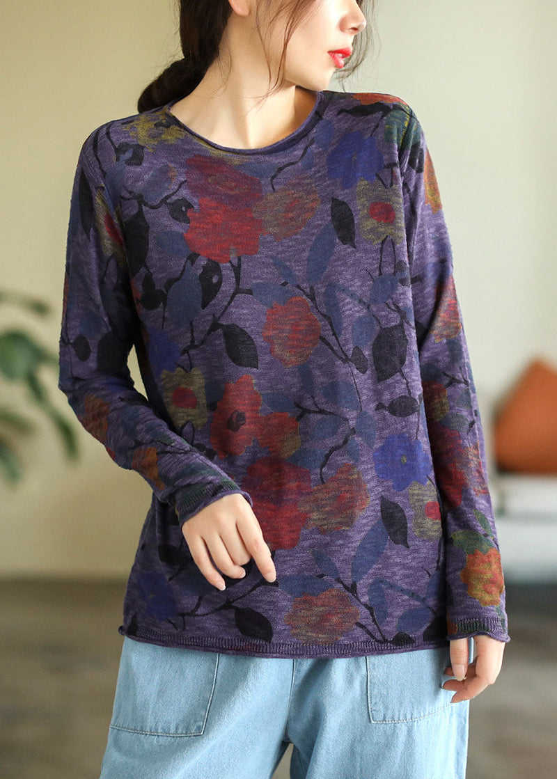 Purple Square O-neck Print Cotton Knitted Top Long Sleeve
