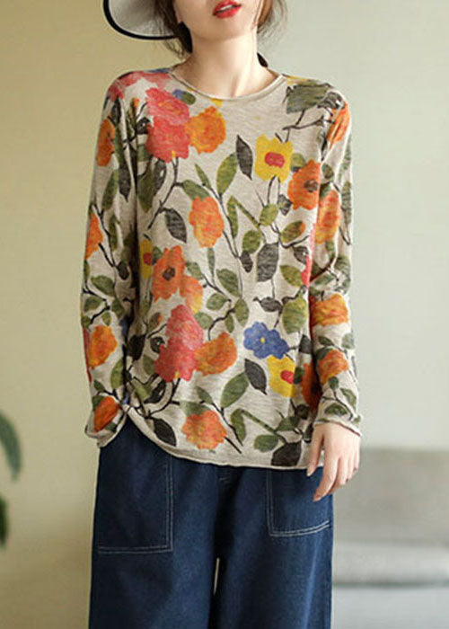 Purple Square O-neck Print Cotton Knitted Top Long Sleeve