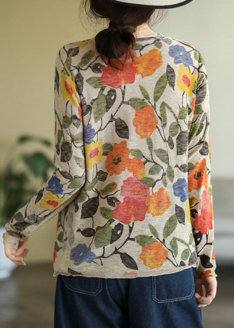 Purple Square O-neck Print Cotton Knitted Top Long Sleeve