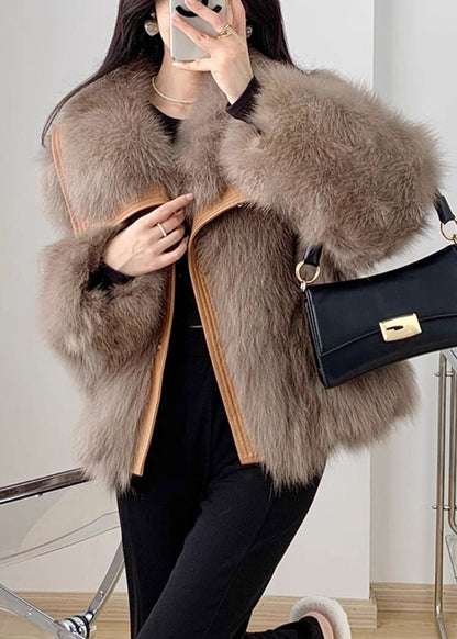 Beige Peter Pan Collar Button Leather and Fur Coats Spring