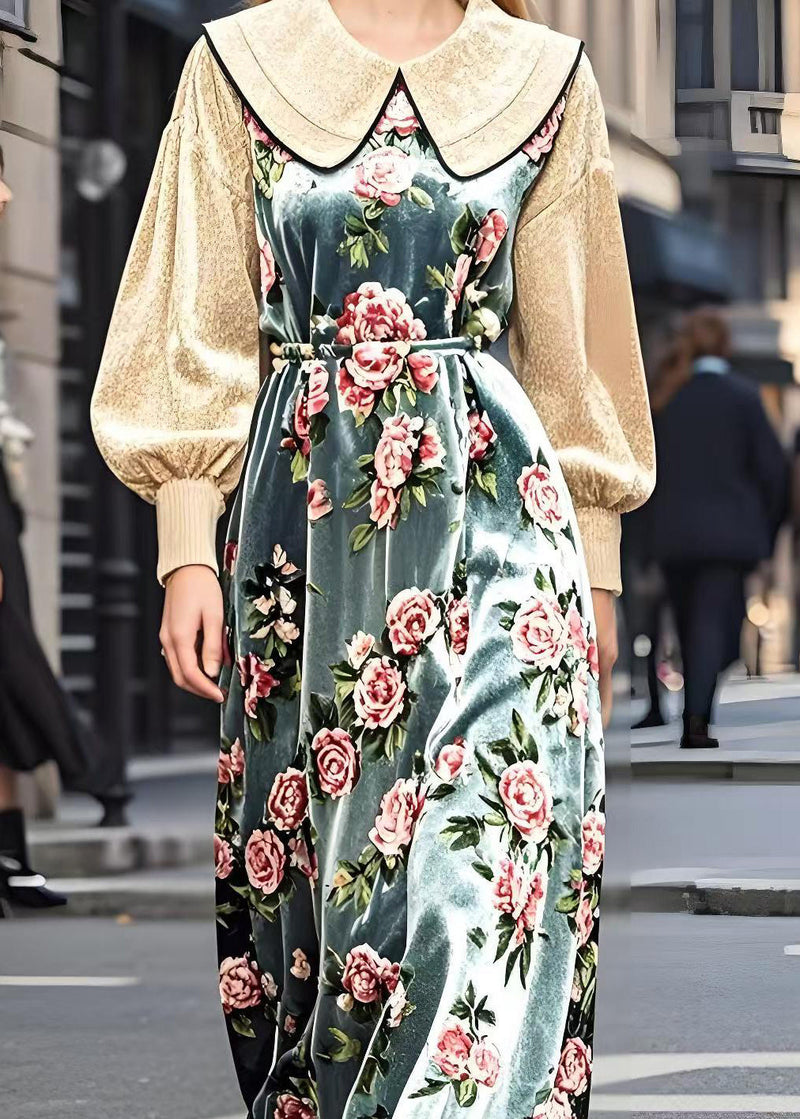 Beige Peter Pan Collar Patchwork Silk Velvet Dresses Spring