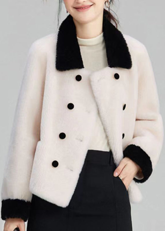Beige Peter Pan Collar Pockets Patchwork Wool Outwear Winter