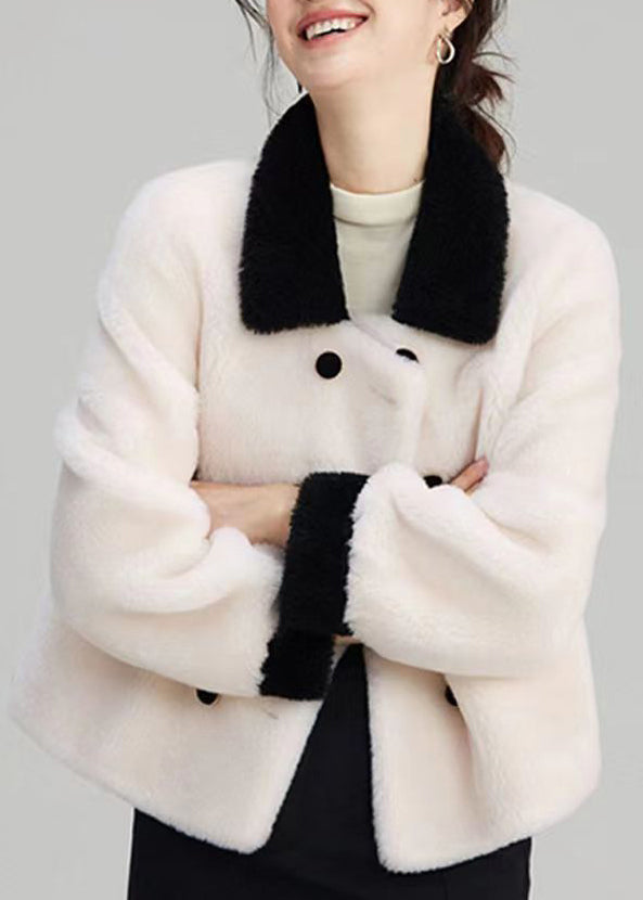 Beige Peter Pan Collar Pockets Patchwork Wool Outwear Winter