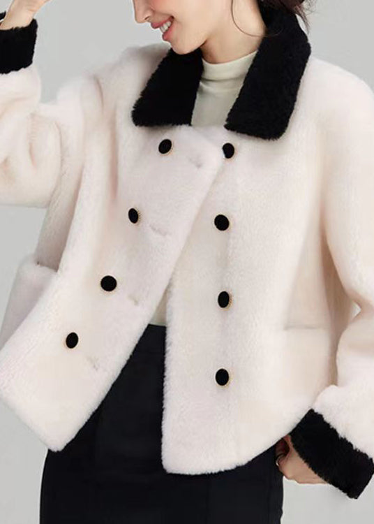 Beige Peter Pan Collar Pockets Patchwork Wool Outwear Winter