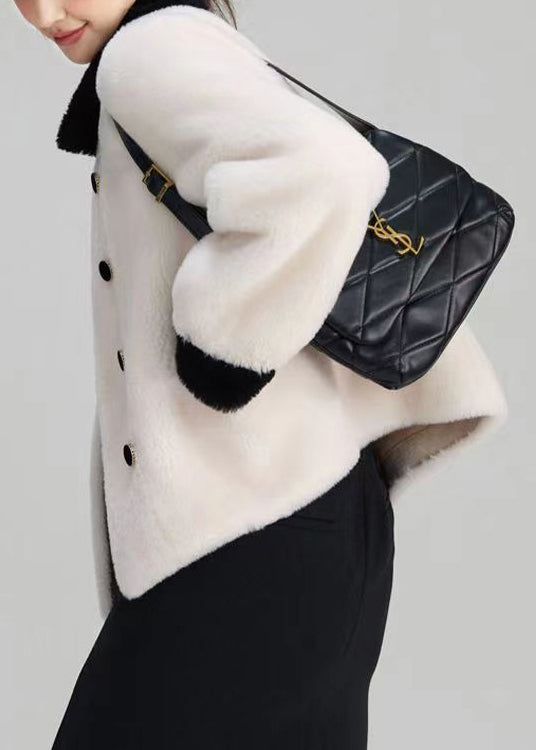 Beige Peter Pan Collar Pockets Patchwork Wool Outwear Winter