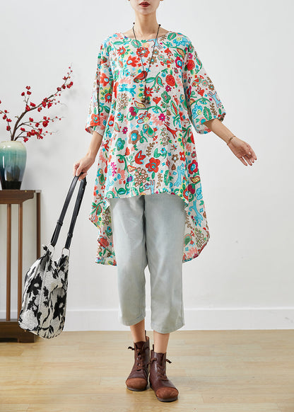 Beige Print Low High Design Cotton Blouses Half Sleeve