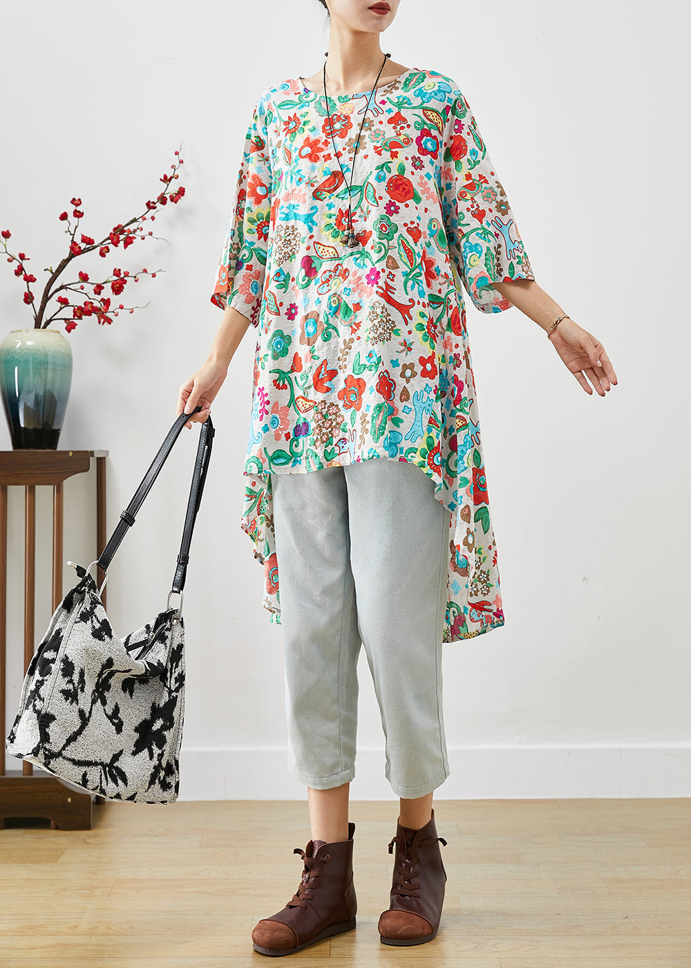 Beige Print Low High Design Cotton Blouses Half Sleeve
