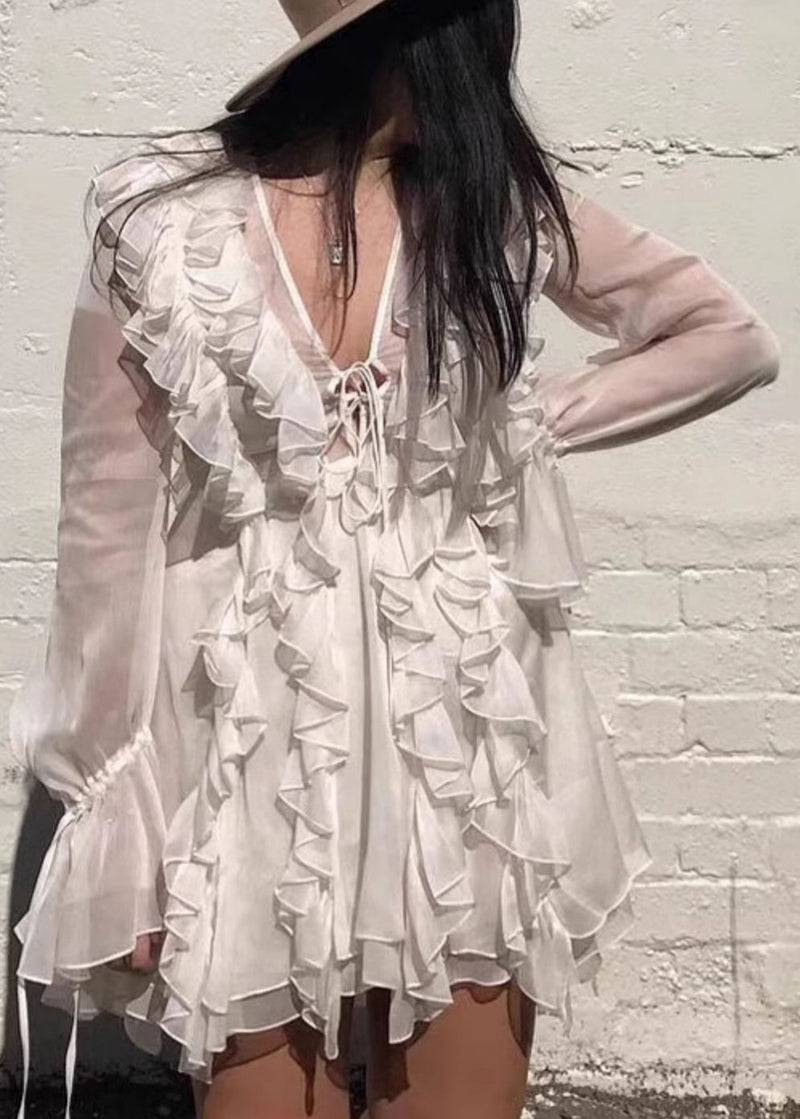 Beige Ruffled Lace Up Chiffon Mini Dresses Flare Sleeve