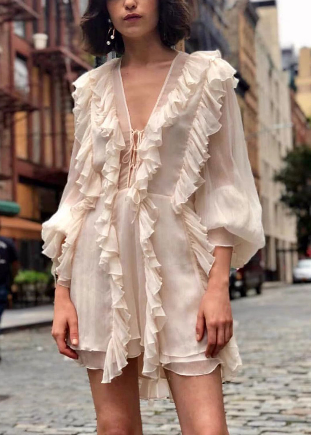 Beige Ruffled Lace Up Chiffon Mini Dresses Flare Sleeve